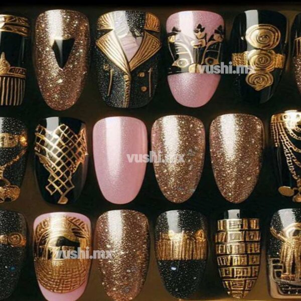 Uñas decoradas solo para pegar negras con dorado