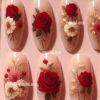 Uñas press on nude con flores