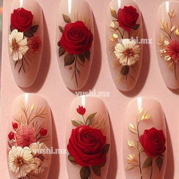Uñas press on nude con flores